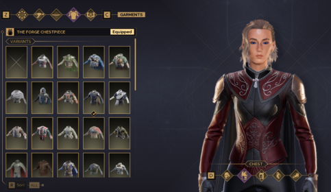 Customization menu showing armor variants for the chestpiece