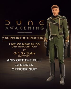 This picture shows the full Atreides Officer suit, with a text saying "Gift 2 subs and get the full Atreides officer suit".