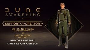 This picture shows the full Atreides Officer suit, with a text saying "Gift 2 subs and get the full Atreides officer suit".