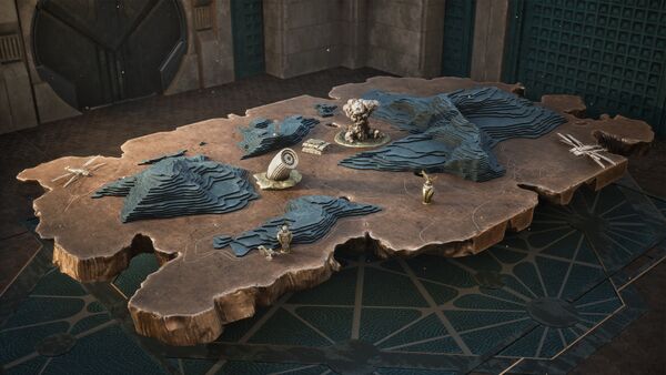 Opulent Miniatures on an Ornate Strategy Table, itself atop a Lavish Carpet